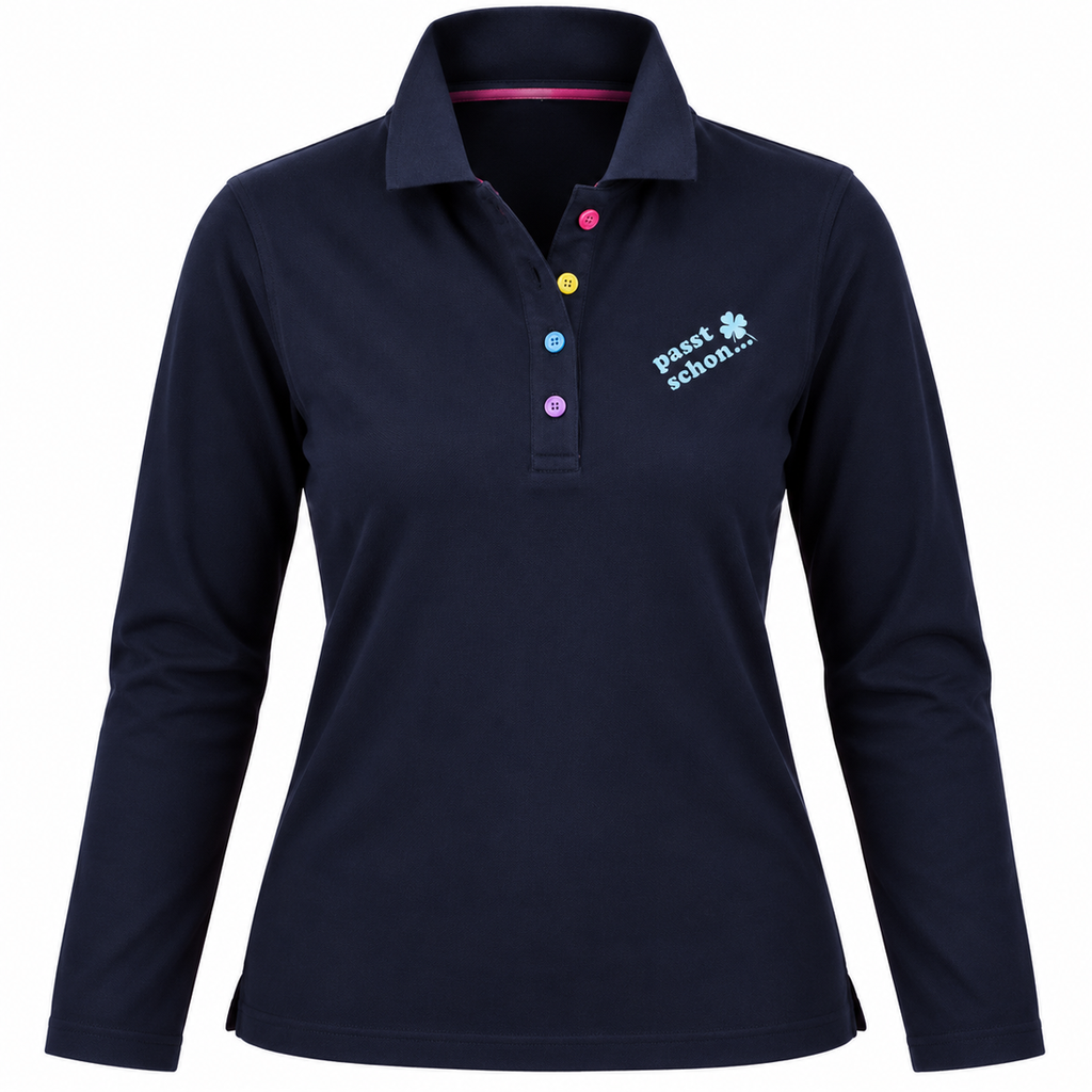 Antonia №3 – Dunkelblaues Langarm-Poloshirt mit hellblauer Logostickerei