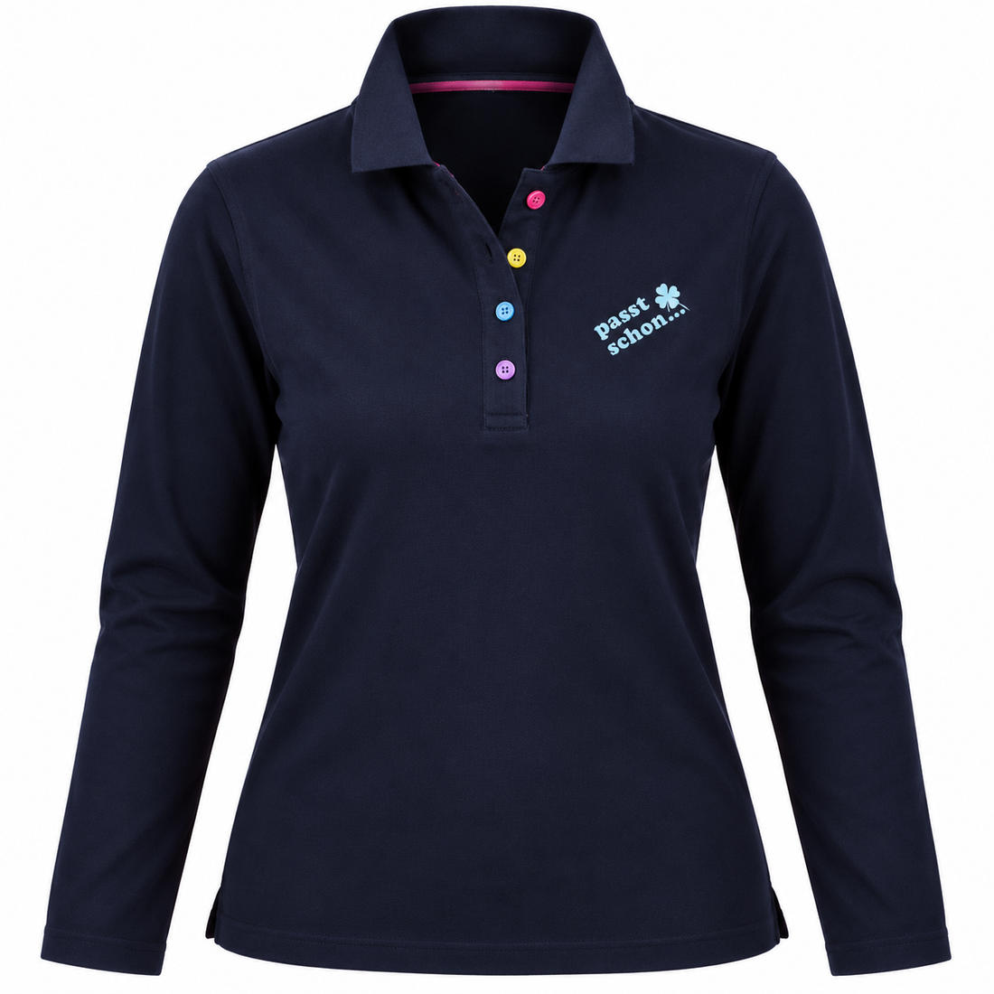 Antonia №3 – Dunkelblaues Langarm-Poloshirt mit hellblauer Logostickerei