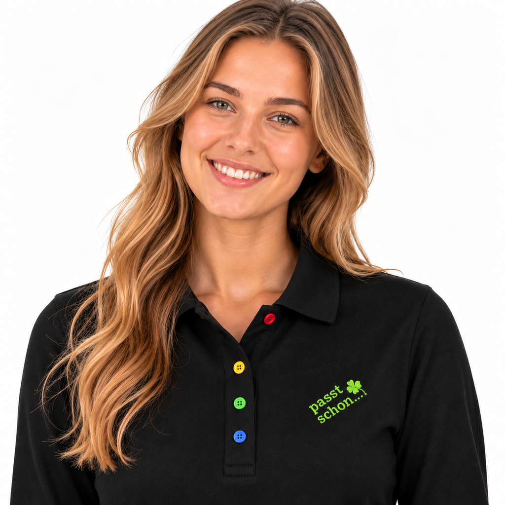 Antonia №2 – Schwarzes Langarm-Poloshirt mit giftgrüner Logostickerei