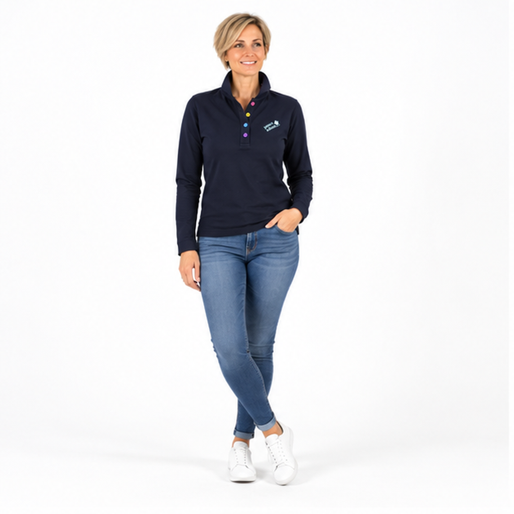 Antonia №3 – Dunkelblaues Langarm-Poloshirt mit hellblauer Logostickerei
