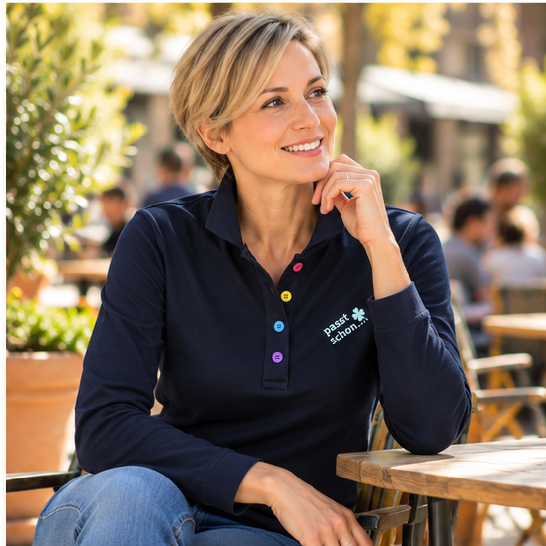 Antonia №3 – Dunkelblaues Langarm-Poloshirt mit hellblauer Logostickerei