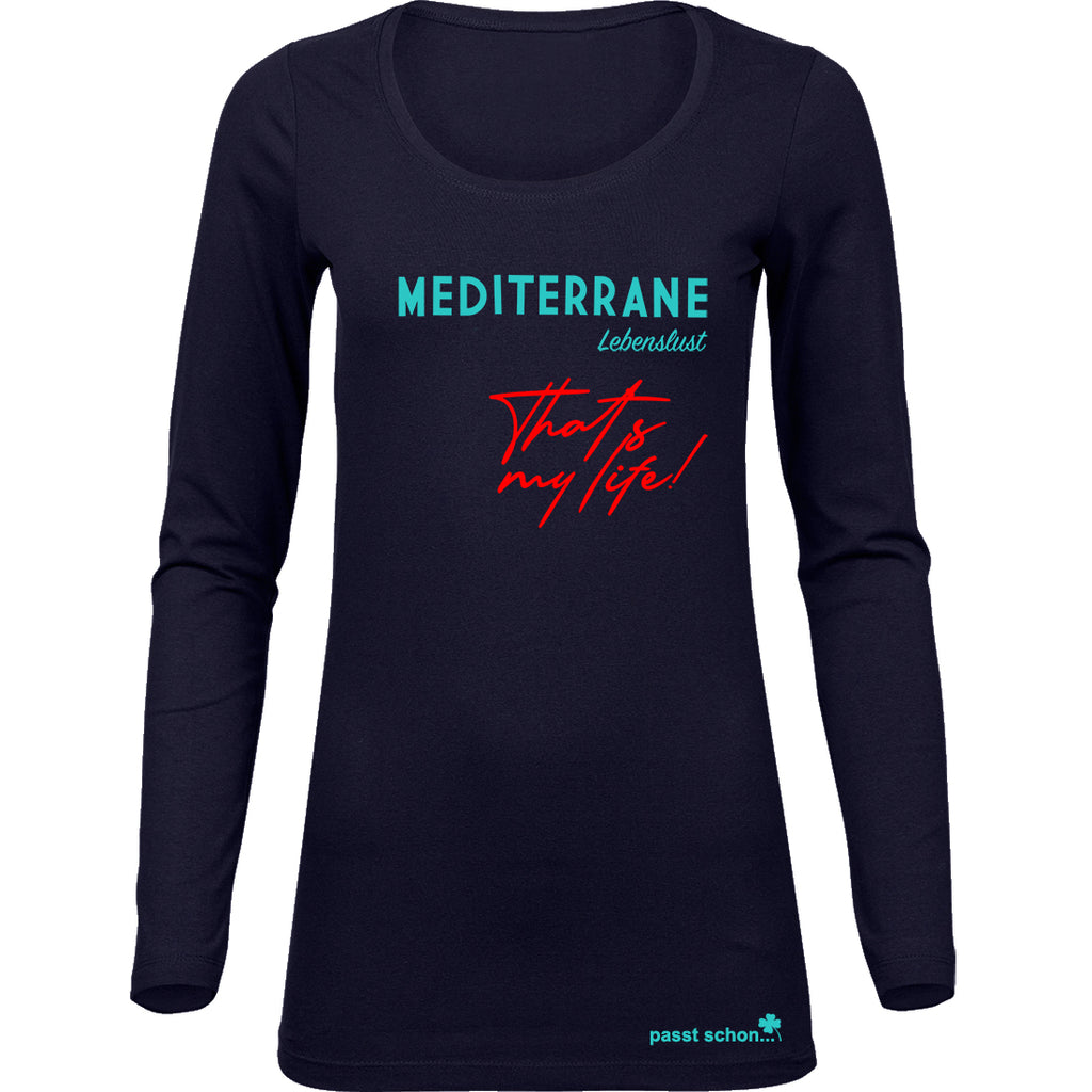 MEDITERRAN Lady №3 – Dunkelblaues Langarm-T-Shirt mit türkis-rotem Aufdruck