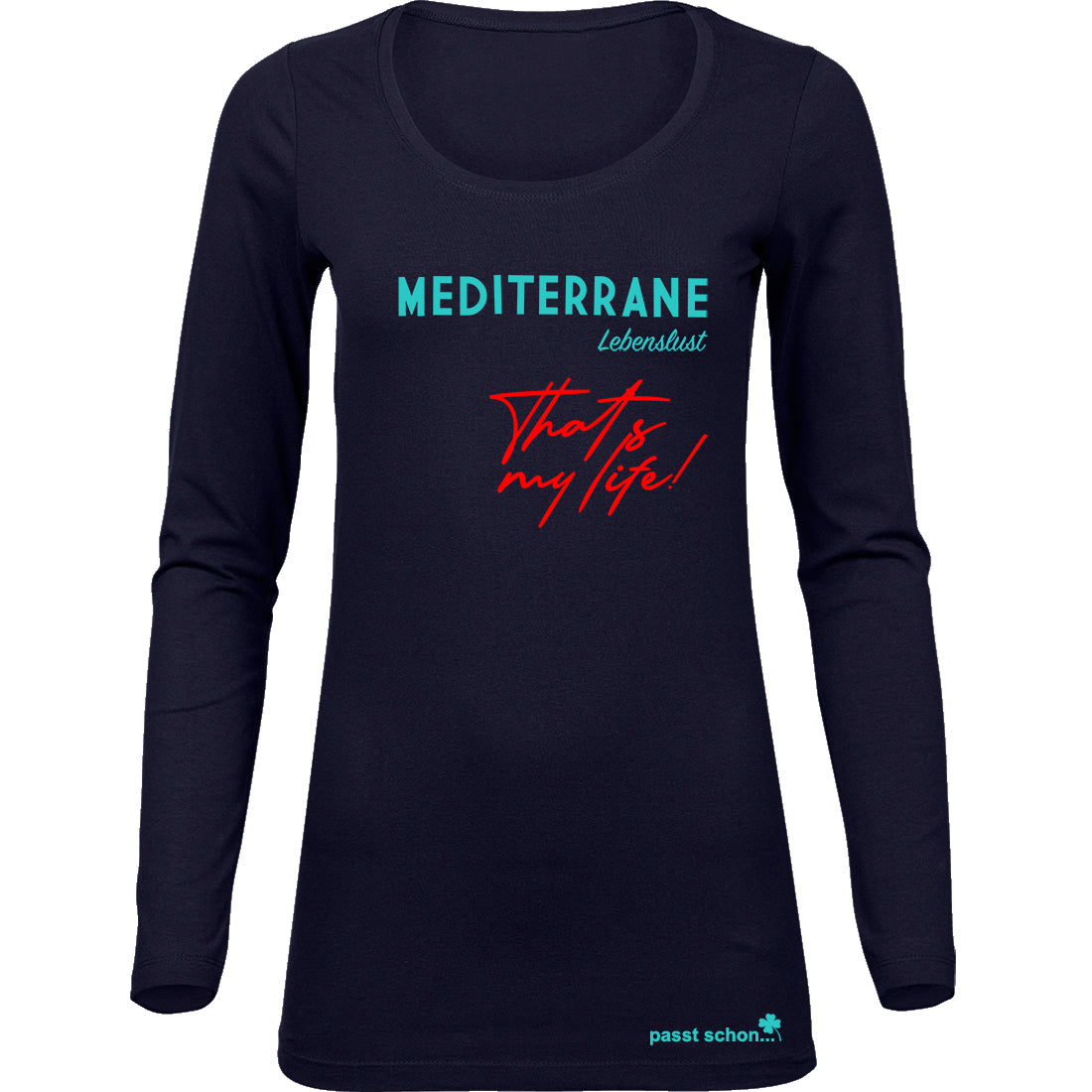 MEDITERRAN Lady №3 – Dunkelblaues Langarm-T-Shirt mit türkis-rotem Aufdruck