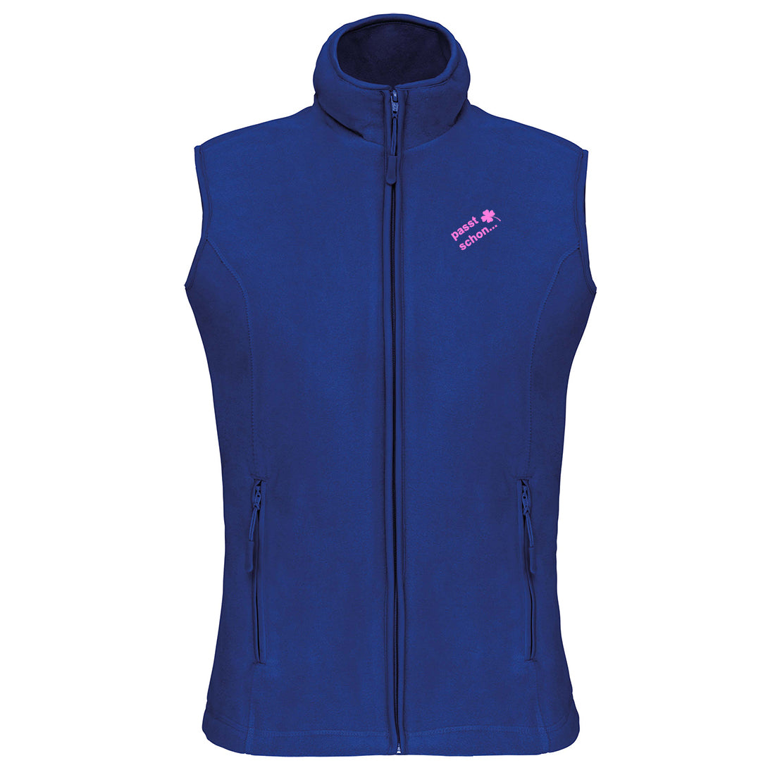 Christl №4 – Blaue, leicht taillierte Fleeceweste mit rosa Logostickerei
