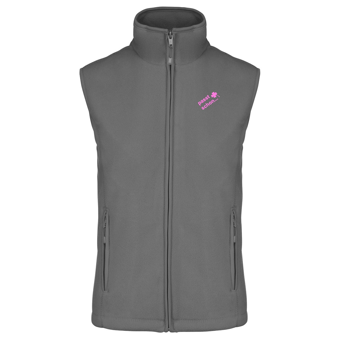 Christl №6 – Graue, leicht taillierte Fleeceweste mit rosa Logostickerei