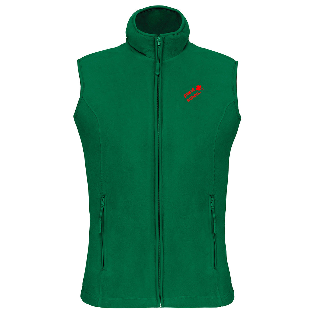 Christl №7 – Grüne, leicht taillierte Fleeceweste mit roter Logostickerei
