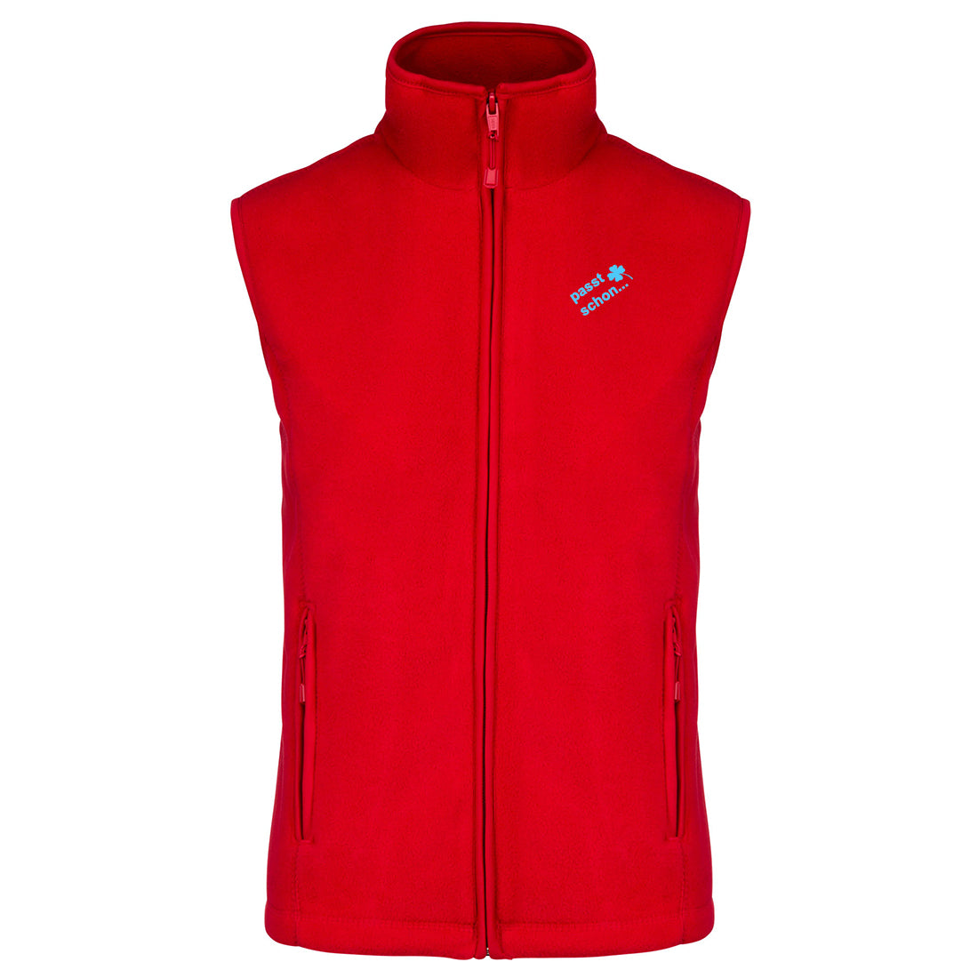 Christl №9 – Rote, leicht taillierte Fleeceweste mit blauer Logostickerei