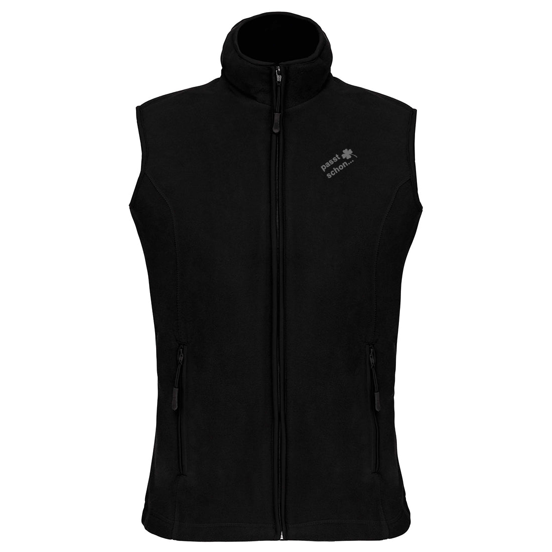 Christl №2 – Schwarze, leicht taillierte Fleeceweste mit grauer Logostickerei