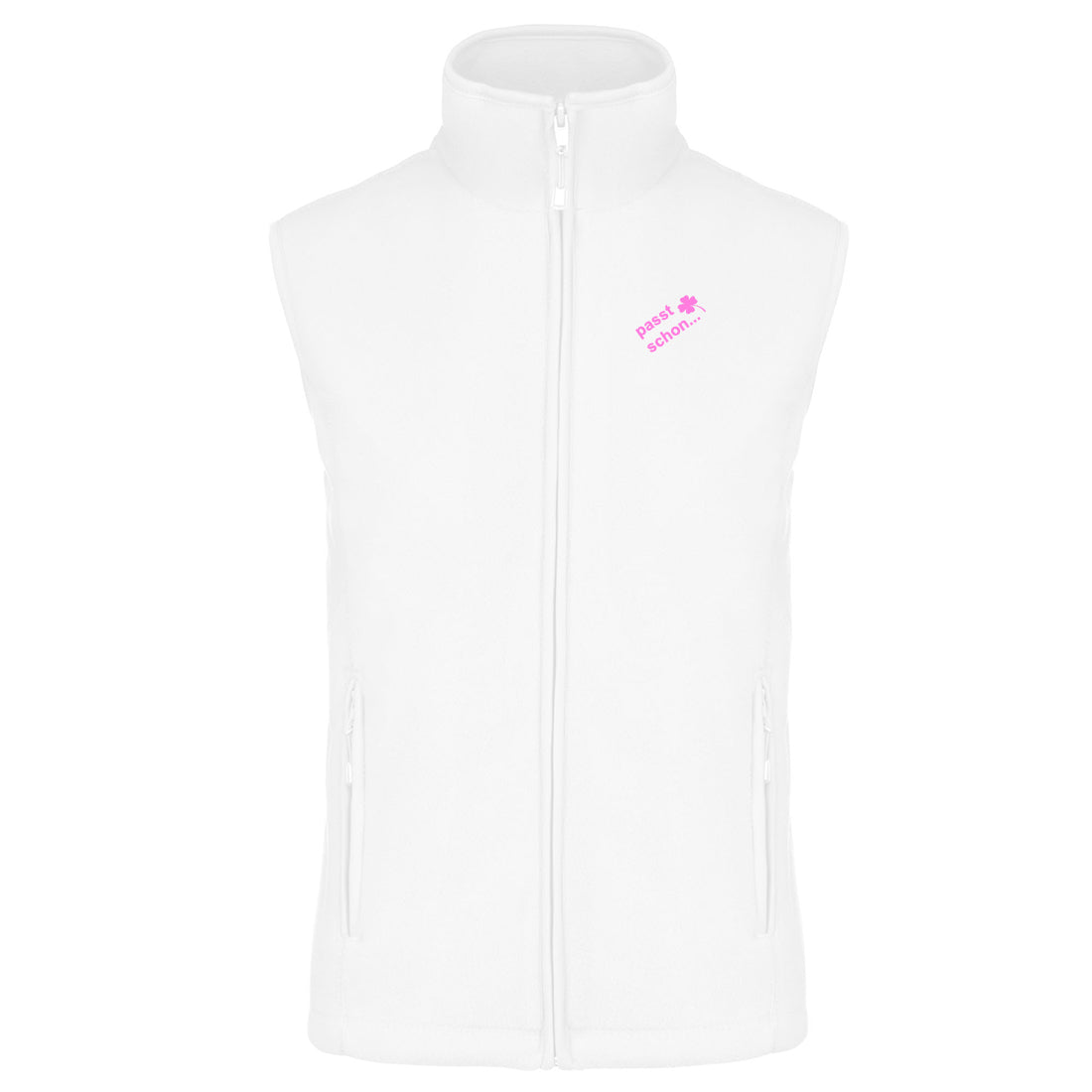 Christl №1 – Weiße, leicht taillierte Fleeceweste mit rosa Logostickerei