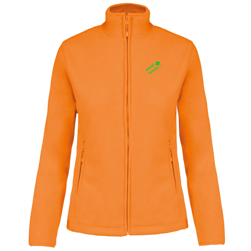 Christiane №8 – Orange, leicht taillierte Fleecejacke mit grüner Logostickerei
