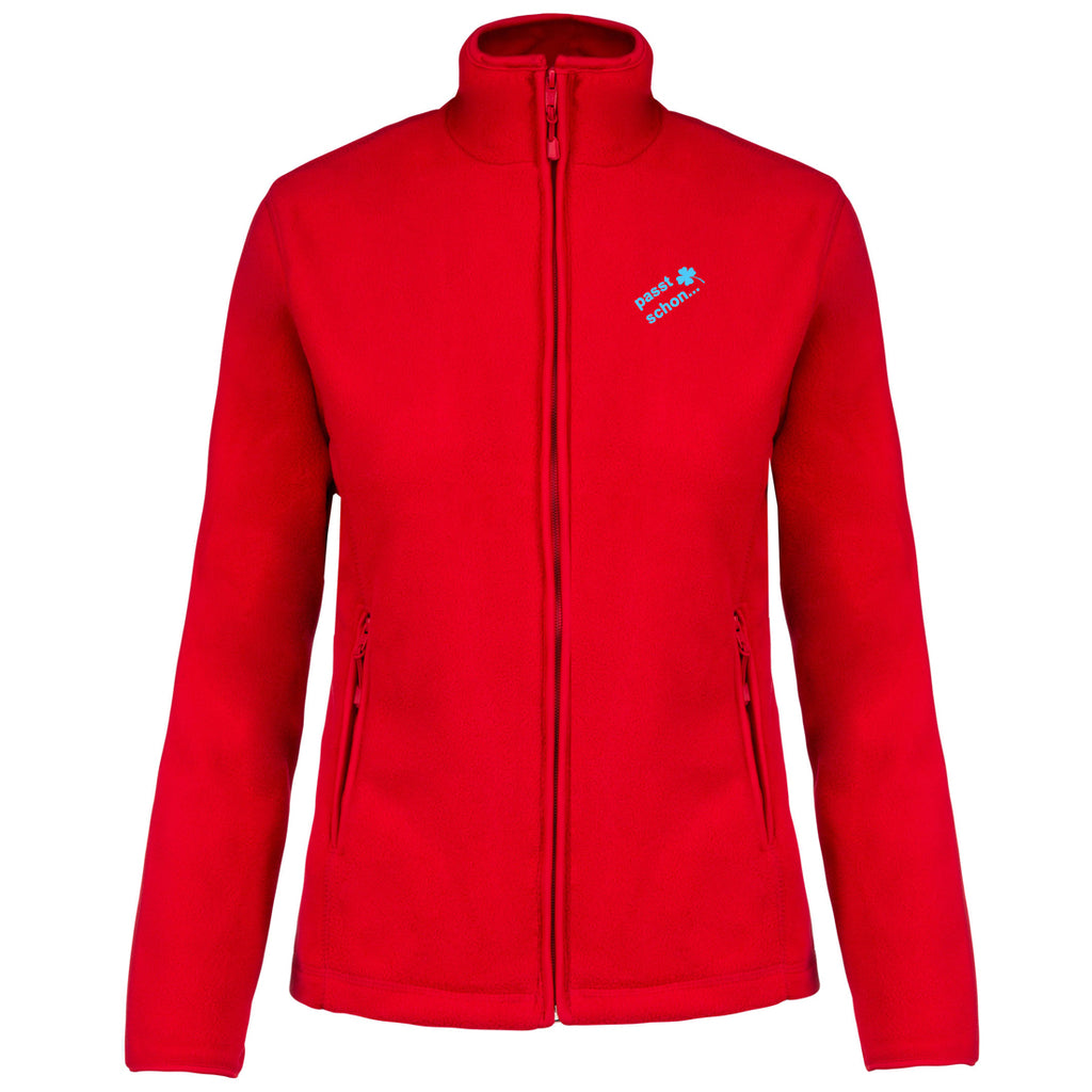 Christiane №9 – Rote, leicht taillierte Fleecejacke mit blauer Logostickerei