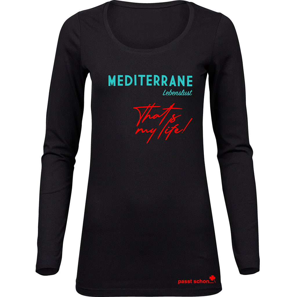 MEDITERRAN Lady №2 – Schwarzes Langarm-T-Shirt mit türkis-rotem Aufdruck