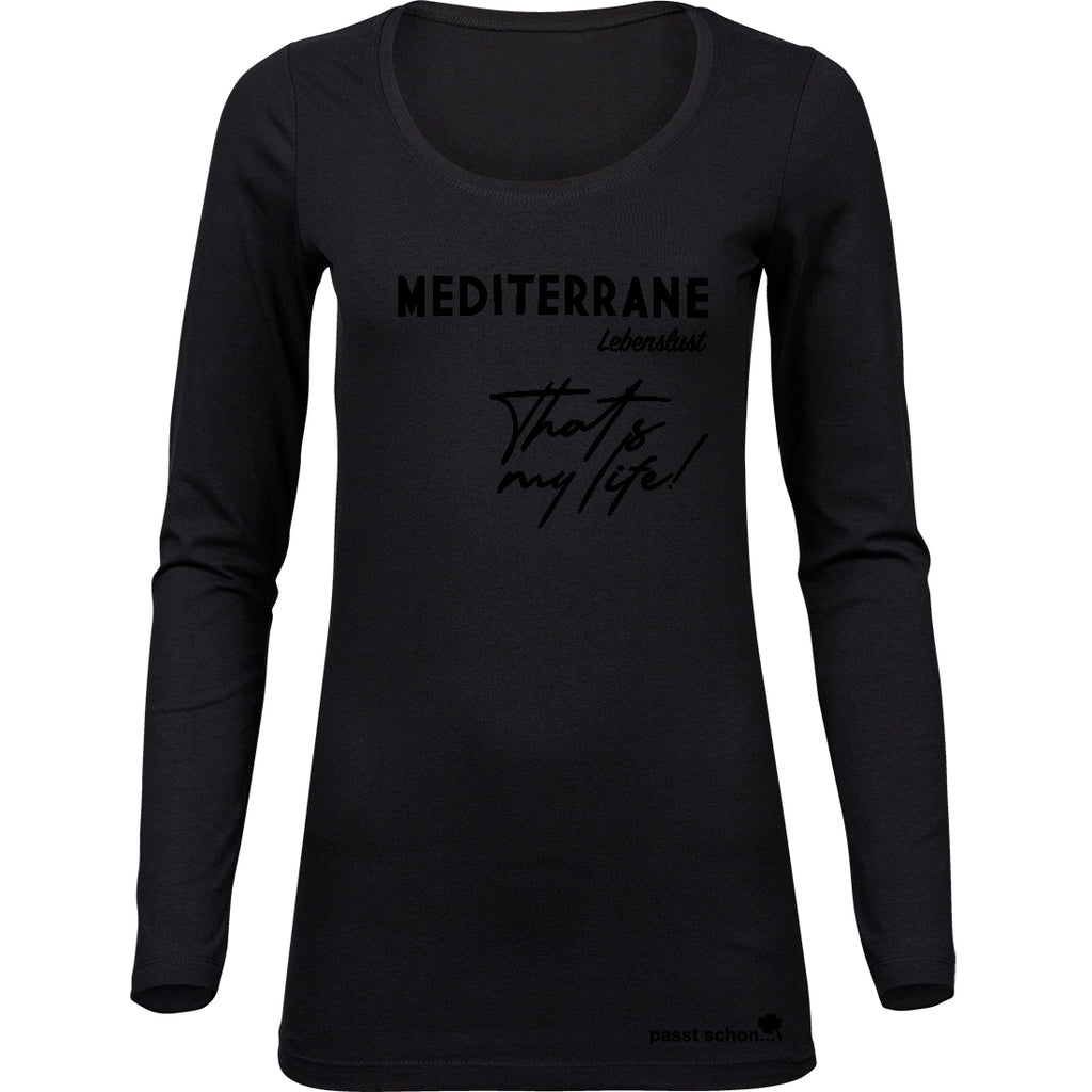 MEDITERRAN Lady №5 – Schwarzes Langarm-T-Shirt mit dezentem Ton-in-Ton-Aufdruck