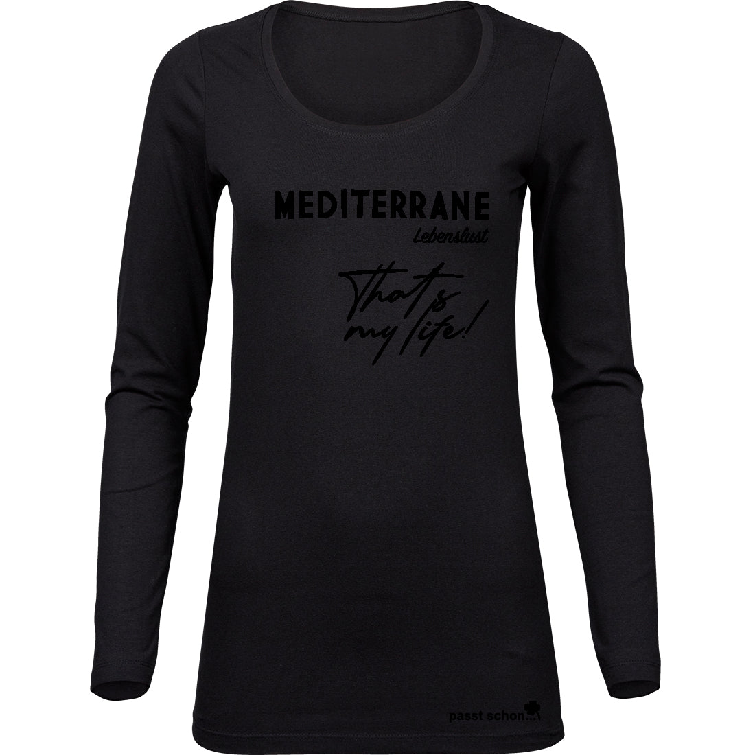 MEDITERRAN Lady №5 – Schwarzes Langarm-T-Shirt mit dezentem Ton-in-Ton-Aufdruck