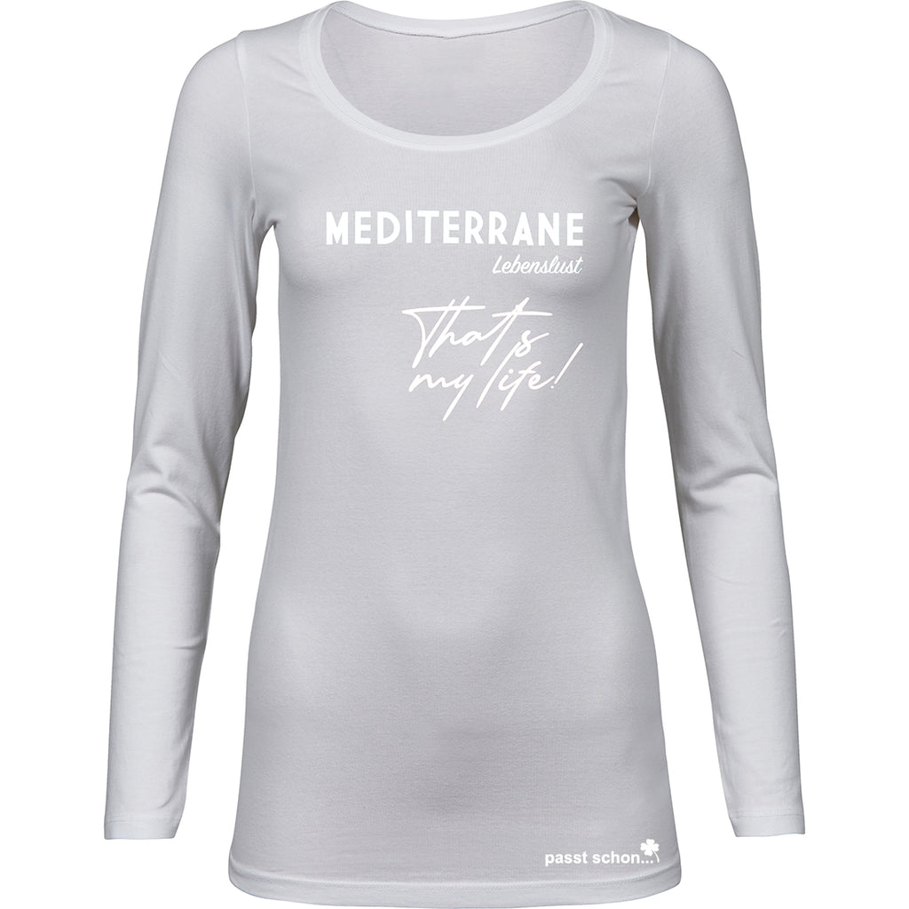 MEDITERRAN Lady №4 – Weißes Langarm-T-Shirt mit dezentem Ton-in-Ton-Aufdruck