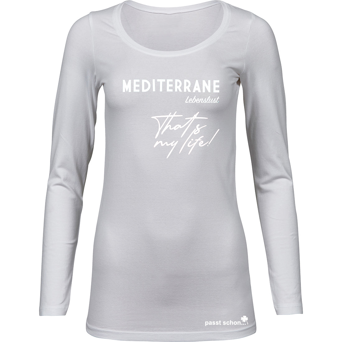 MEDITERRAN Lady №4 – Weißes Langarm-T-Shirt mit dezentem Ton-in-Ton-Aufdruck