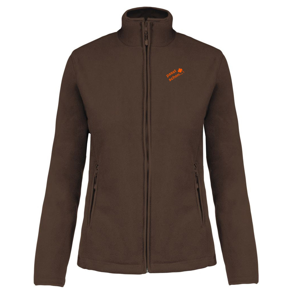 Christiane №11 – Braune, leicht taillierte Fleecejacke mit oranger Logostickerei