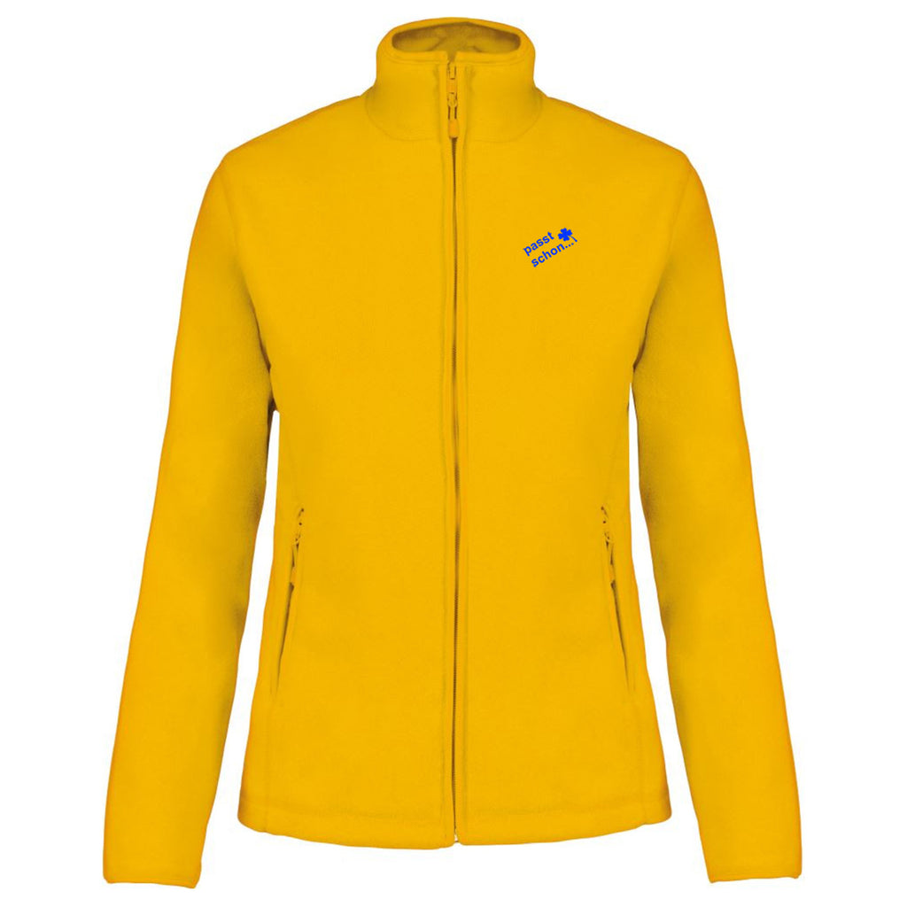 Christiane №10 – Gelbe, leicht taillierte Fleecejacke mit blauer Logostickerei