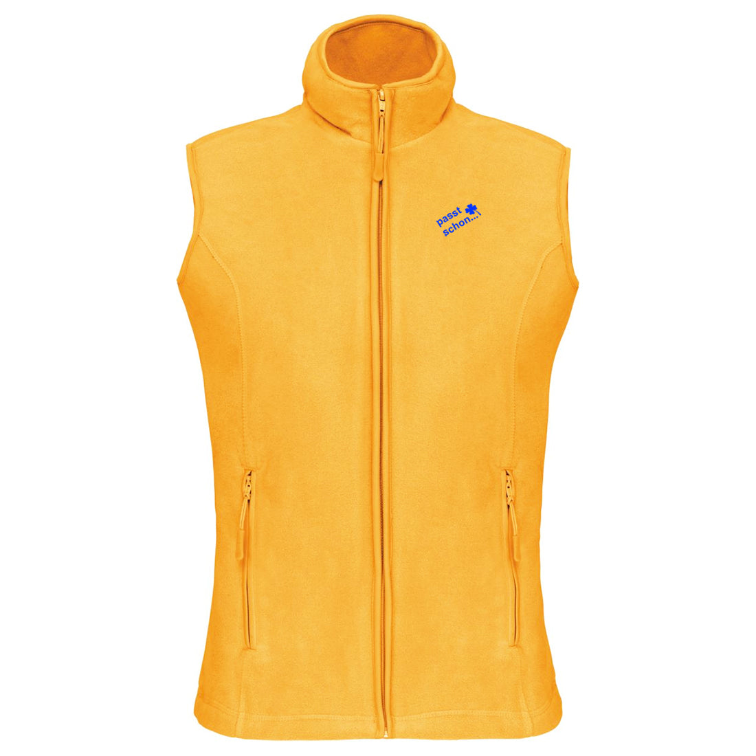 Christl №10 – Gelbe, leicht taillierte Fleeceweste mit blauer Logostickerei