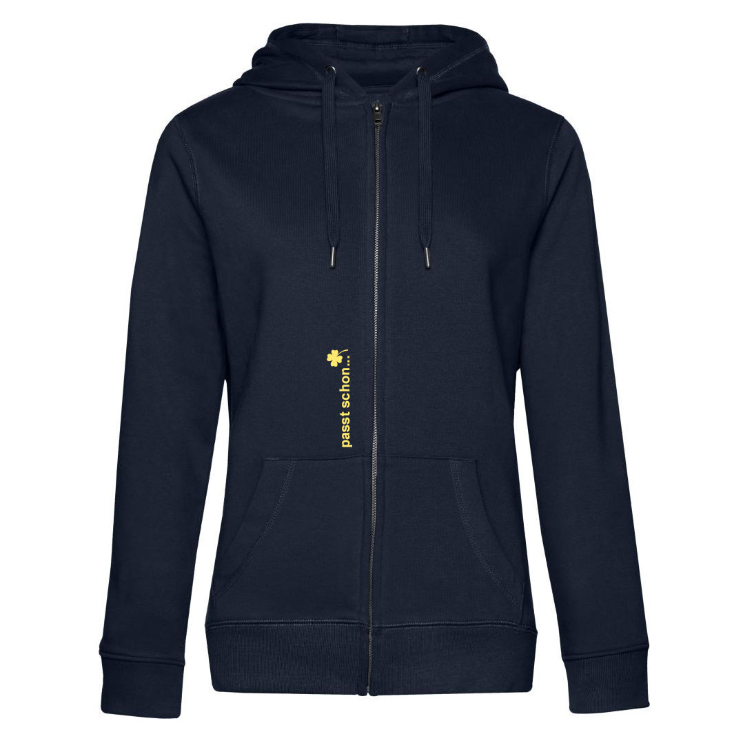 Melanie №3 – Dunkelblaue Kapuzenjacke mit hellgelber Logostickerei