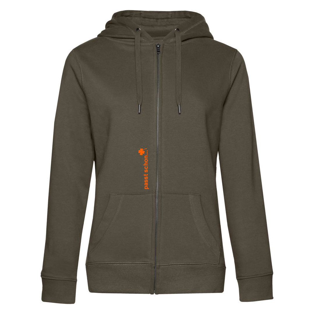 Melanie №6 – Khakifarbene Kapuzenjacke mit oranger Logostickere