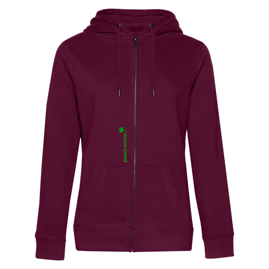 Melanie №7 – Weinrote Kapuzenjacke mit grüner Logostickerei