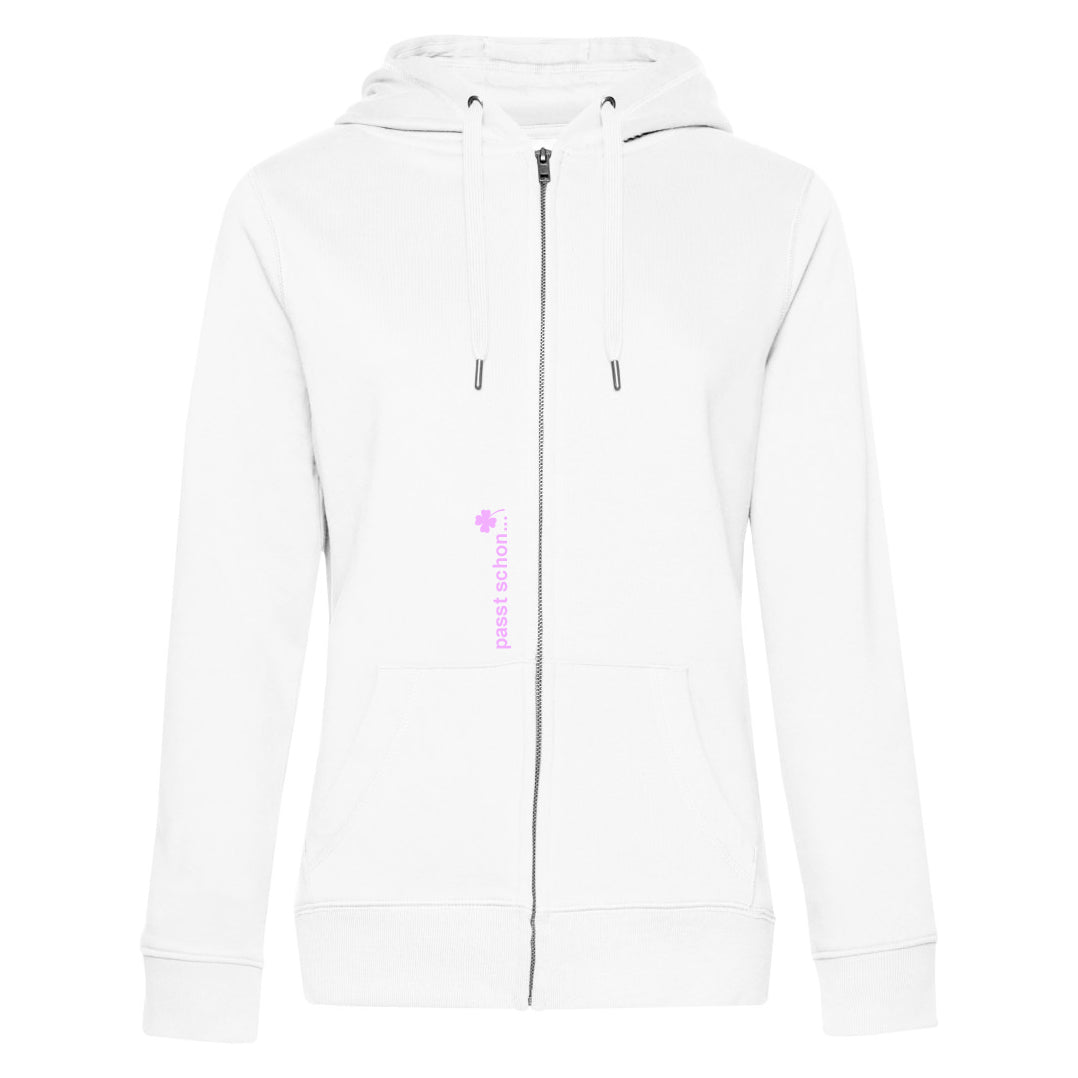 Melanie №1 – Weiße Kapuzenjacke mit rosa Logostickerei