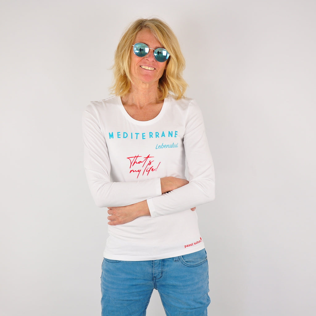 MEDITERRAN Lady №1 – Weißes Langarm-T-Shirt mit türkis-rotem Aufdruck