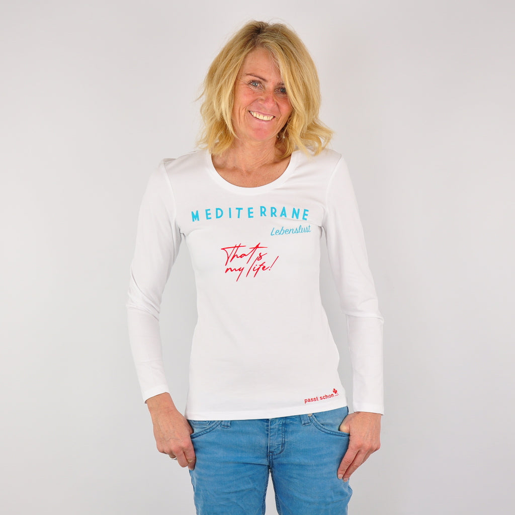 MEDITERRAN Lady №1 – Weißes Langarm-T-Shirt mit türkis-rotem Aufdruck