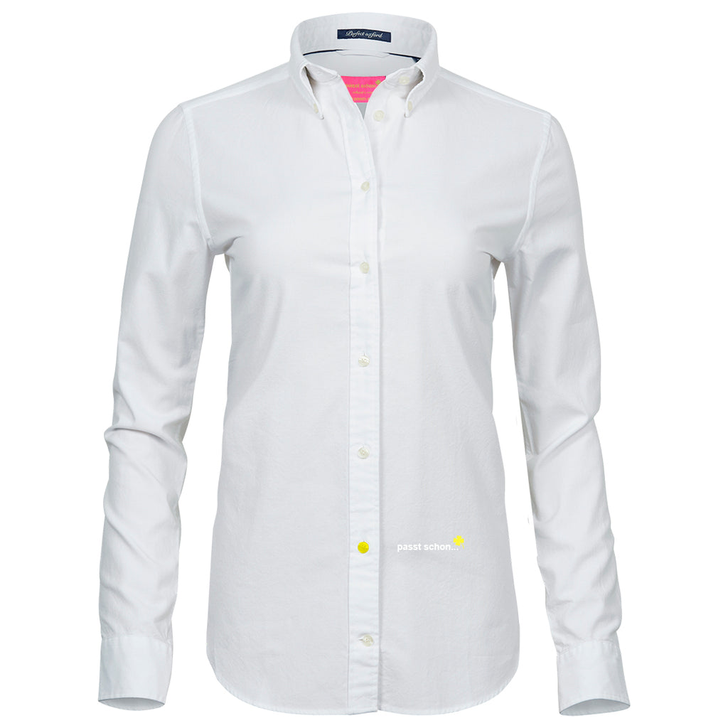 Marry №1 – Weiße Oxford-Bluse mit dezenter Weiß-Gelb-Stickerei