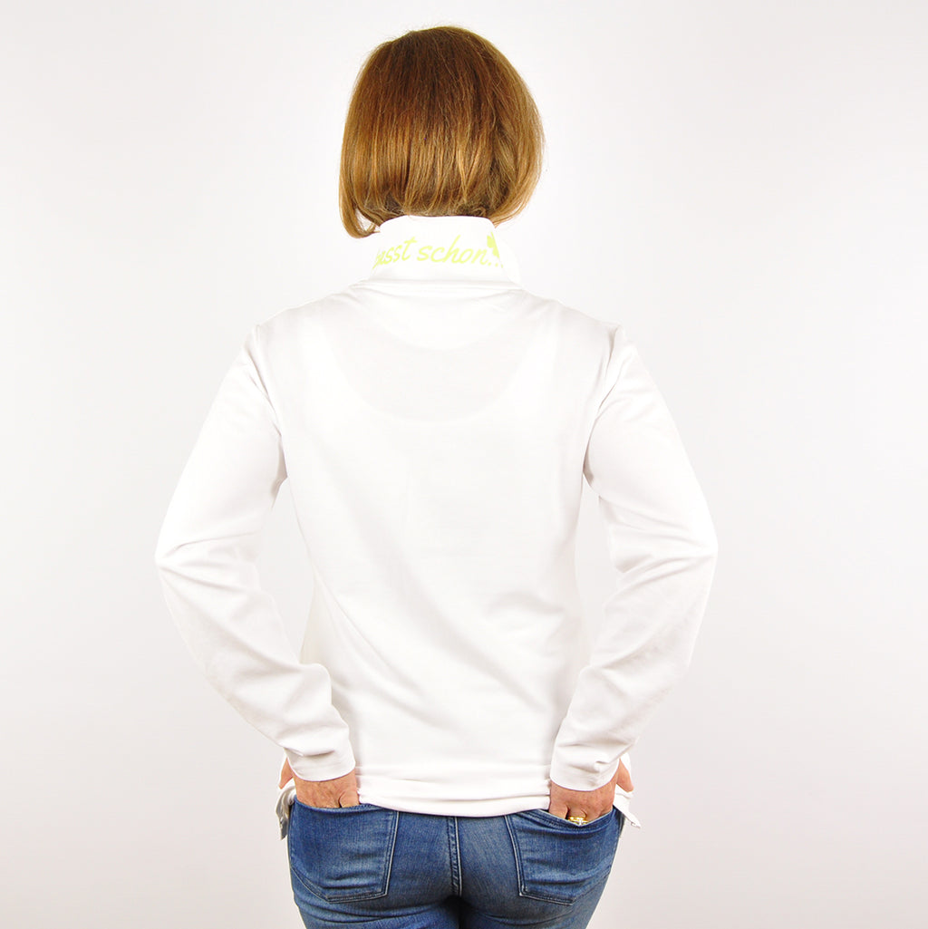 Antonia №1 – Weißes Langarm-Poloshirt mit rosa Logostickerei und bunten Knöpfen
