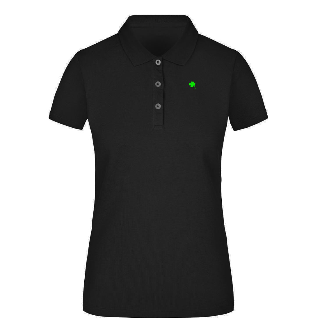 Black and White №6 – Schwarzes, leicht tailliertes Damen Kurzarm-Poloshirt mit grüner Vierklee-Stickerei