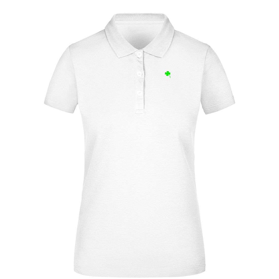 Black and White №5 – Weißes, leicht tailliertes Damen Kurzarm-Poloshirt mit grüner Vierklee-Stickerei