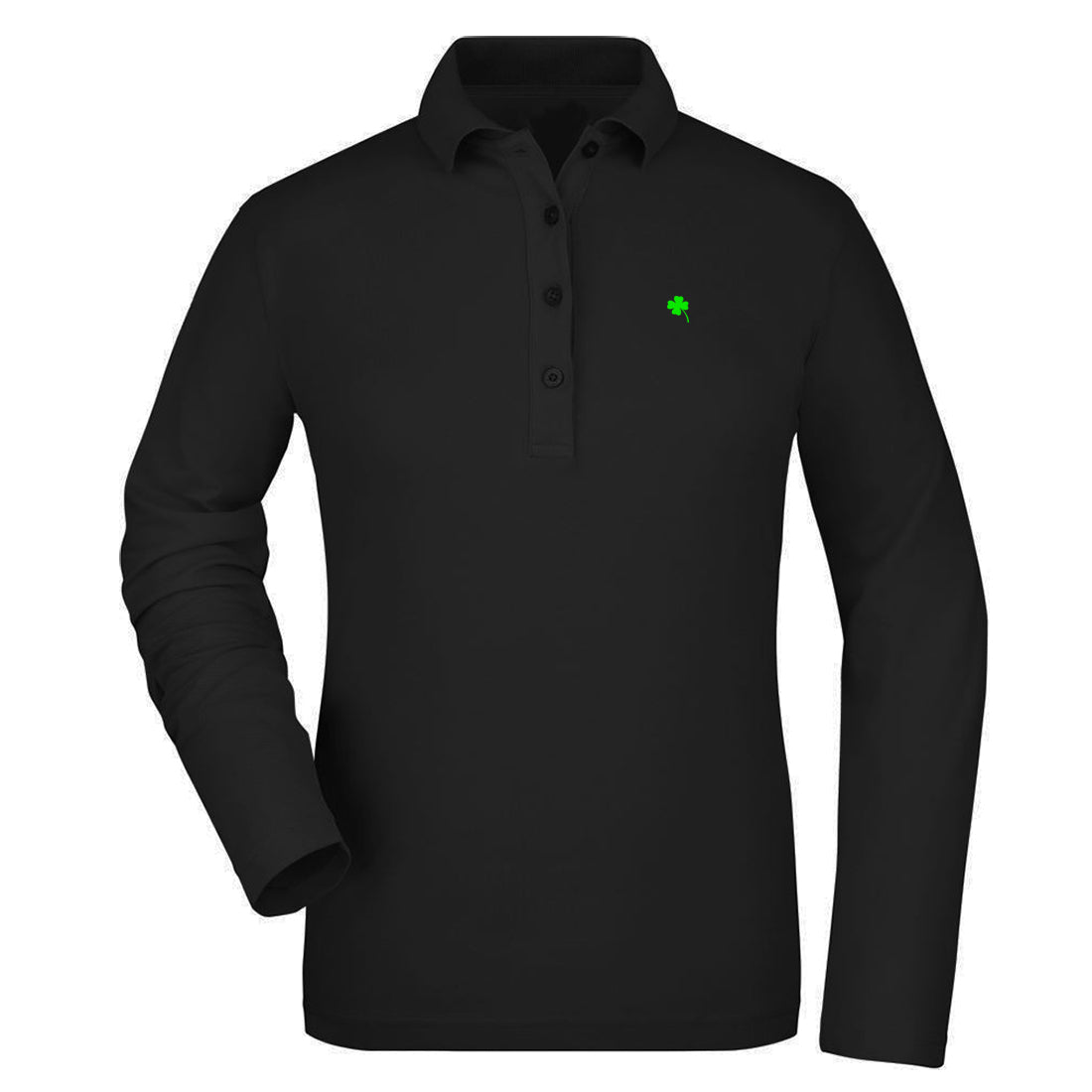 Black and White №8 – Schwarzes, leicht tailliertes Damen Langarm-Poloshirt mit grüner Vierklee-Stickerei