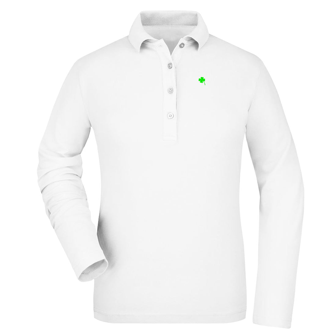Black and White №7 – Weißes, leicht tailliertes Damen Langarm-Poloshirt mit grüner Vierklee-Stickerei