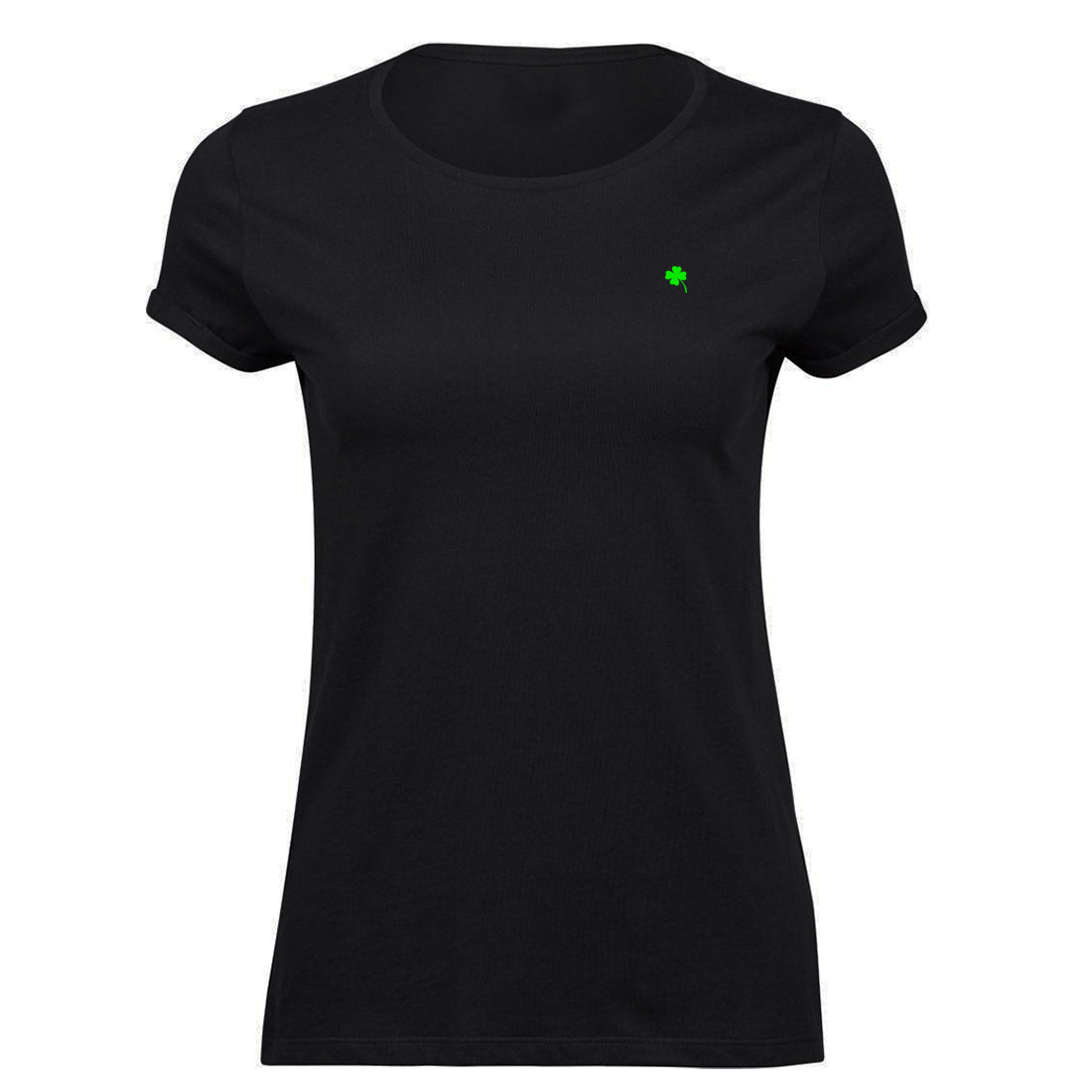 Black and White №2 – Schwarzes, leicht tailliertes Damen T-Shirt mit grüner Vierklee-Stickerei