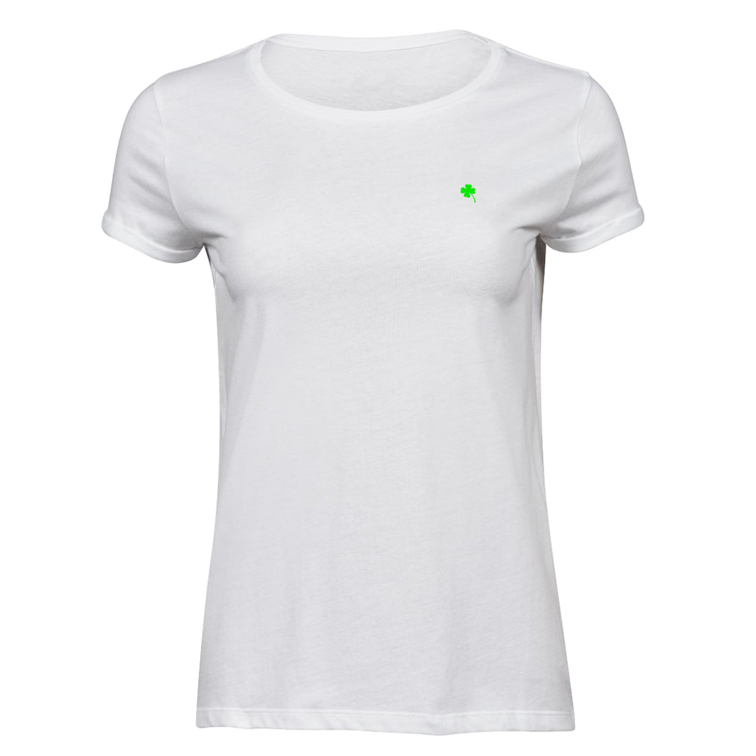 Black and White №1 – Weißes, leicht tailliertes Damen T-Shirt mit grüner Vierklee-Stickerei