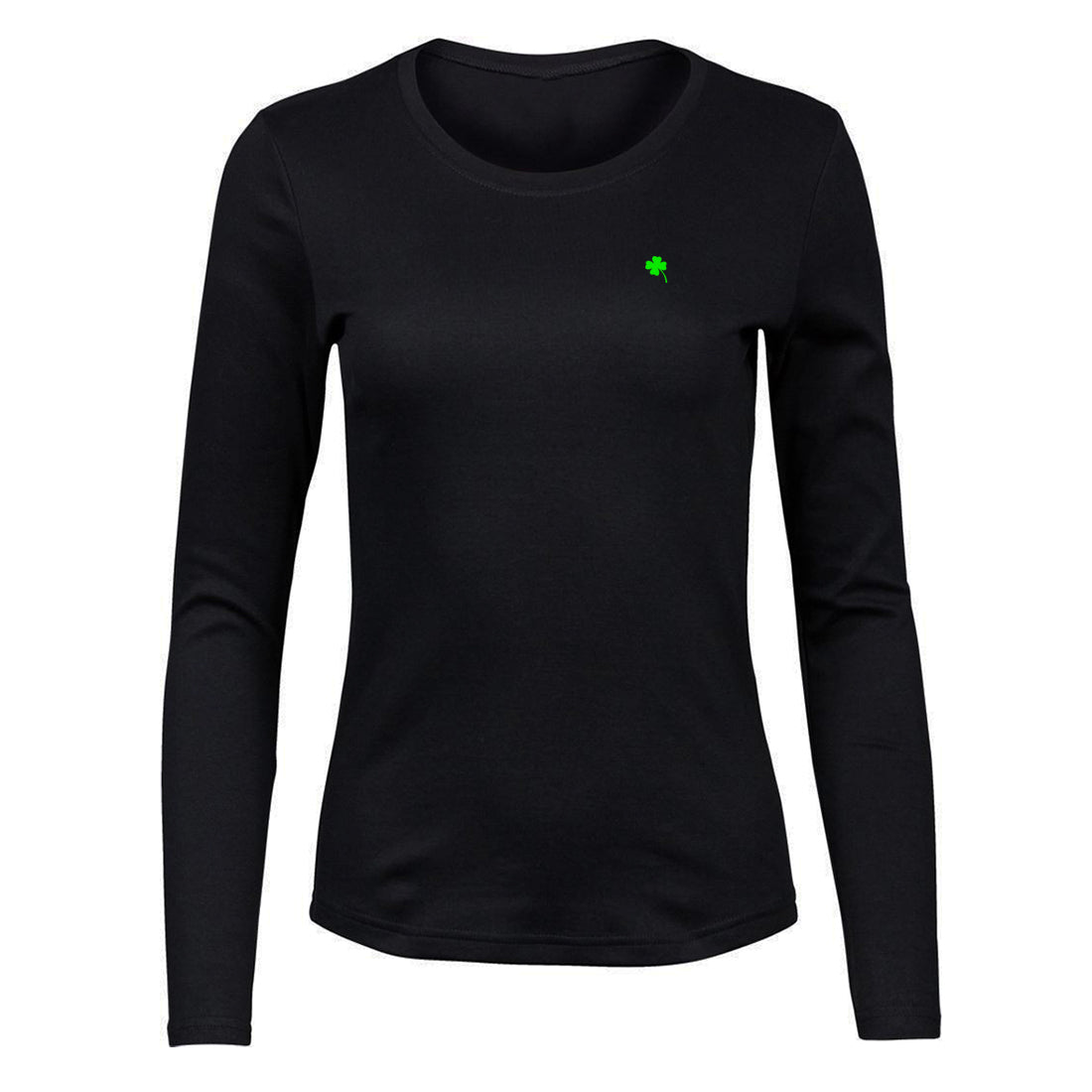 Black and White №4 – Schwarzes, leicht tailliertes Damen Langarm-T-Shirt mit grüner Vierklee-Stickerei