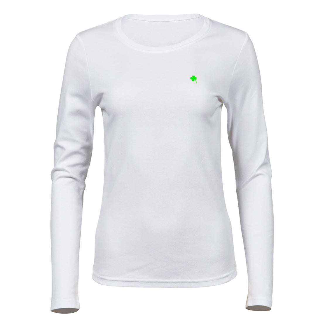 Black and White №3 – Weißes, leicht tailliertes Damen Langarm-T-Shirt mit grüner Vierklee-Stickerei